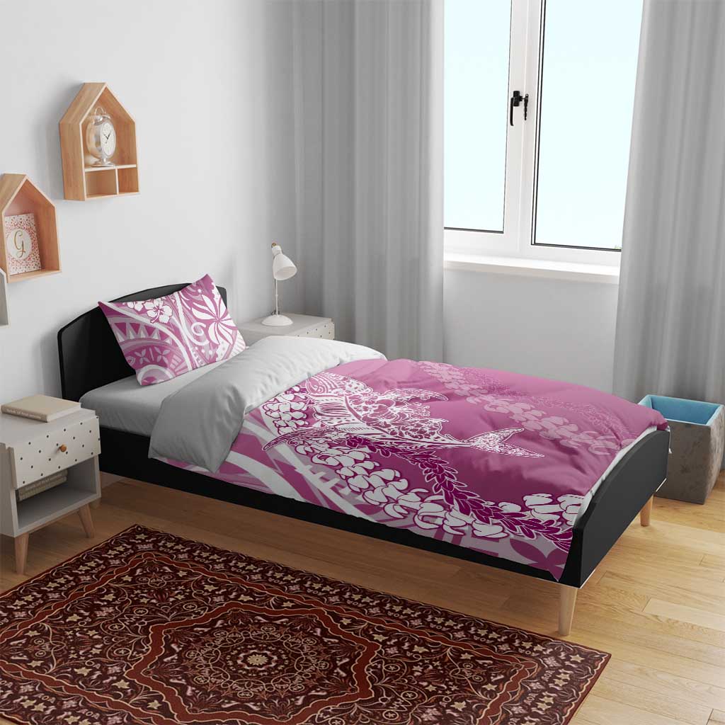Hawaii Puakenikeni And Maile Lei Bedding Set Pink Polynesian Shark Tattoo DT05