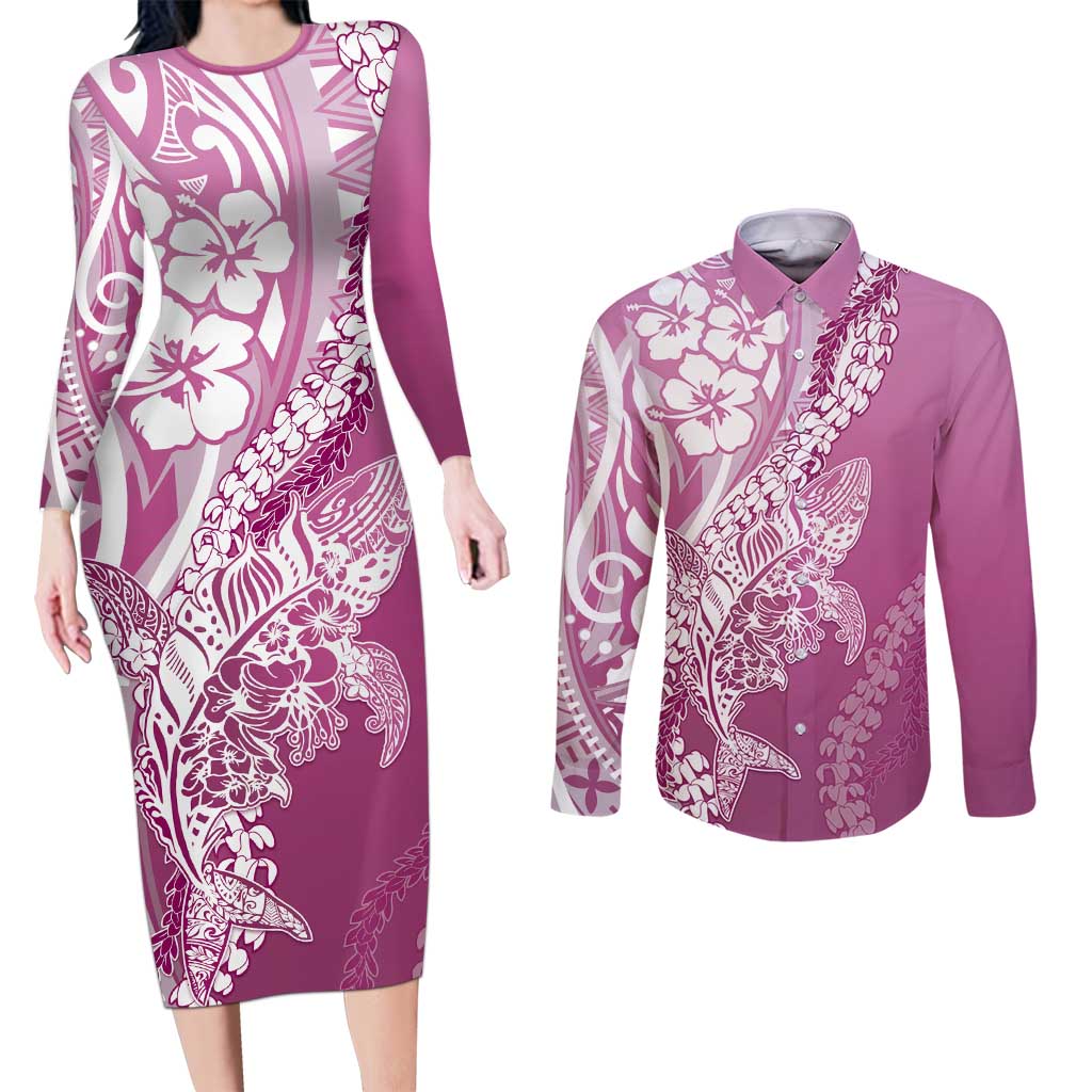 Hawaii Puakenikeni And Maile Lei Couples Matching Long Sleeve Bodycon Dress and Long Sleeve Button Shirt Pink Polynesian Shark Tattoo DT05 Pink - Polynesian Pride