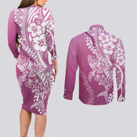 Hawaii Puakenikeni And Maile Lei Couples Matching Long Sleeve Bodycon Dress and Long Sleeve Button Shirt Pink Polynesian Shark Tattoo DT05 - Polynesian Pride