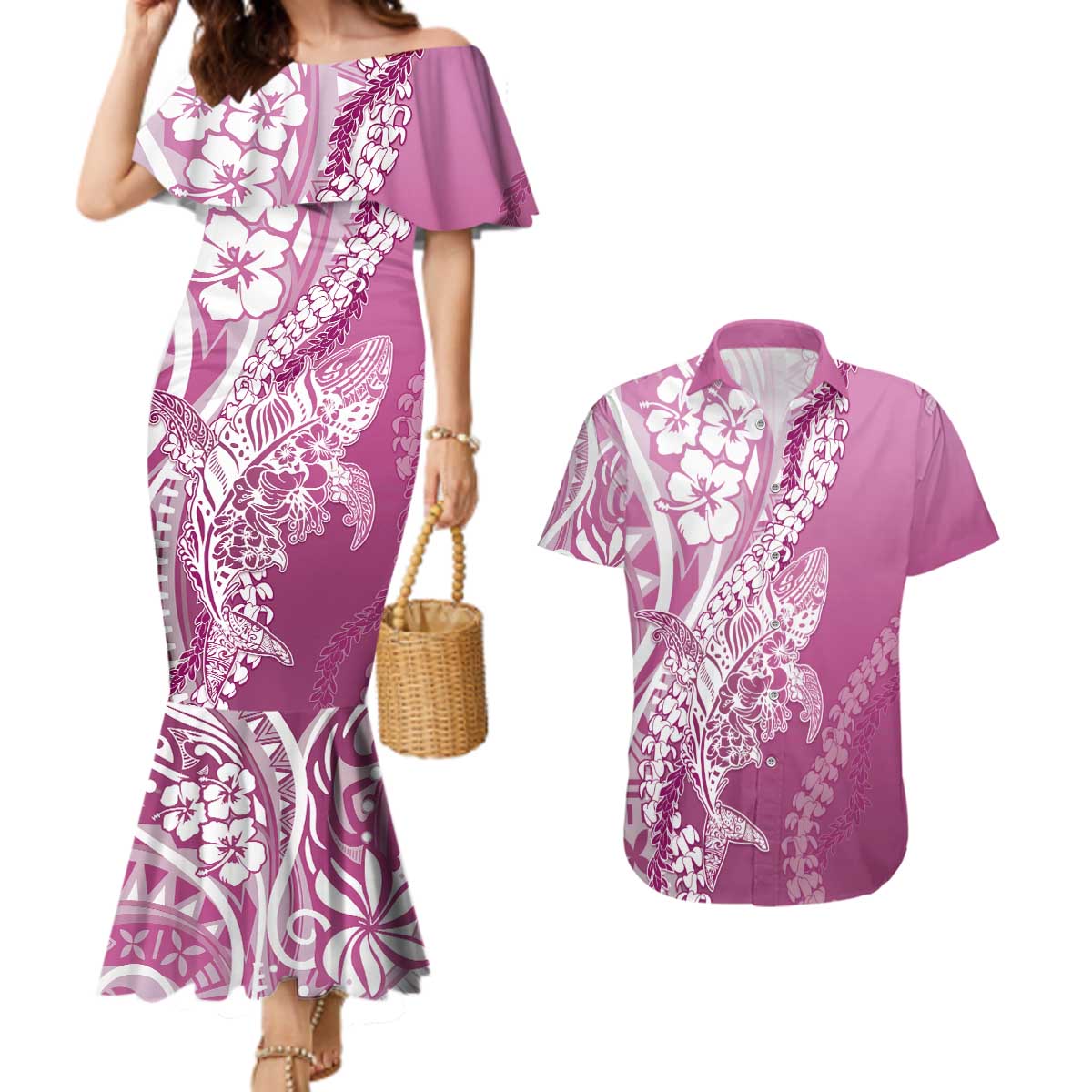 Hawaii Puakenikeni And Maile Lei Couples Matching Mermaid Dress and Hawaiian Shirt Pink Polynesian Shark Tattoo DT05 Pink - Polynesian Pride