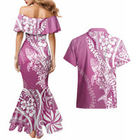 Hawaii Puakenikeni And Maile Lei Couples Matching Mermaid Dress and Hawaiian Shirt Pink Polynesian Shark Tattoo DT05 - Polynesian Pride