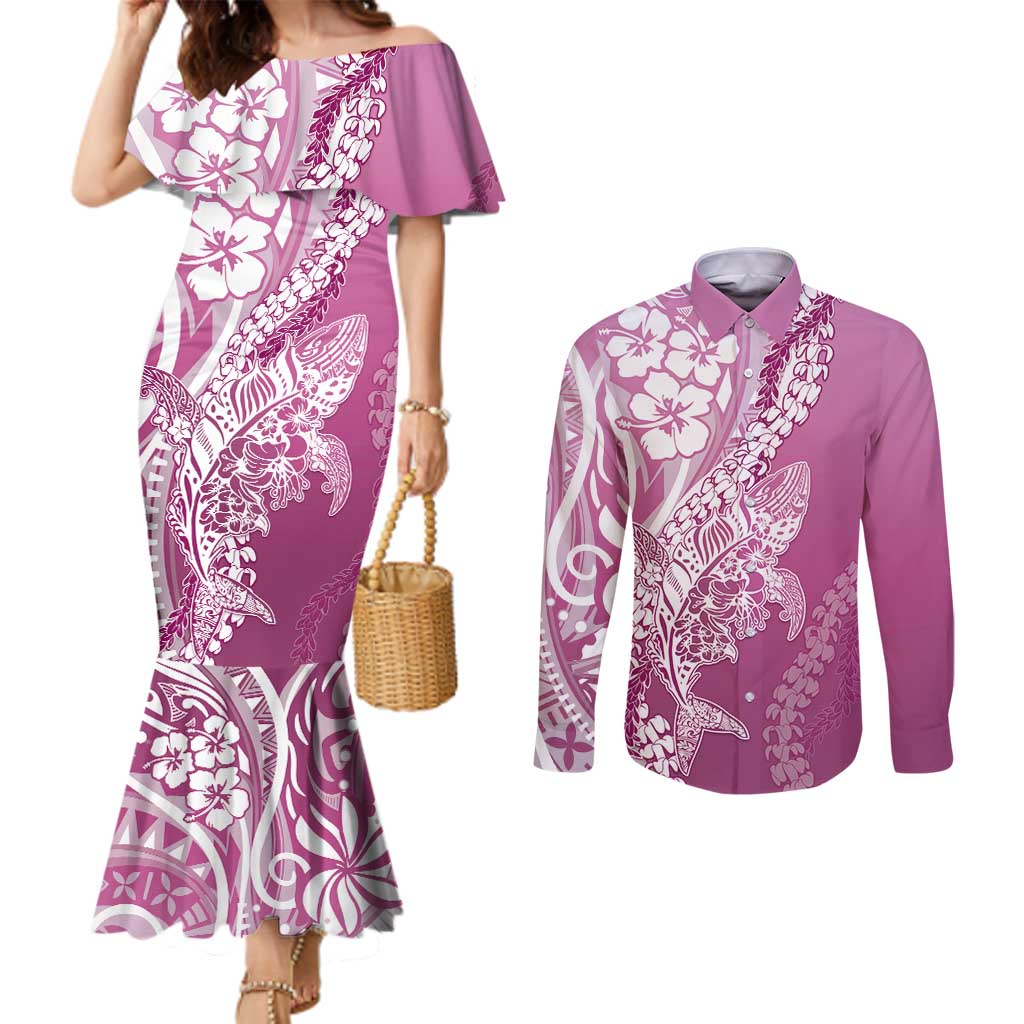 Hawaii Puakenikeni And Maile Lei Couples Matching Mermaid Dress and Long Sleeve Button Shirt Pink Polynesian Shark Tattoo DT05 Pink - Polynesian Pride