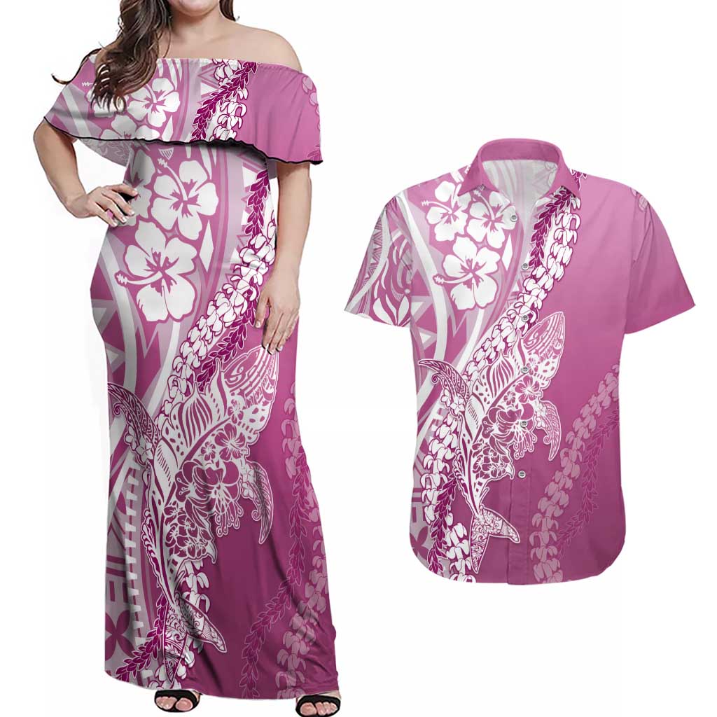 Hawaii Puakenikeni And Maile Lei Couples Matching Off Shoulder Maxi Dress and Hawaiian Shirt Pink Polynesian Shark Tattoo DT05 Pink - Polynesian Pride