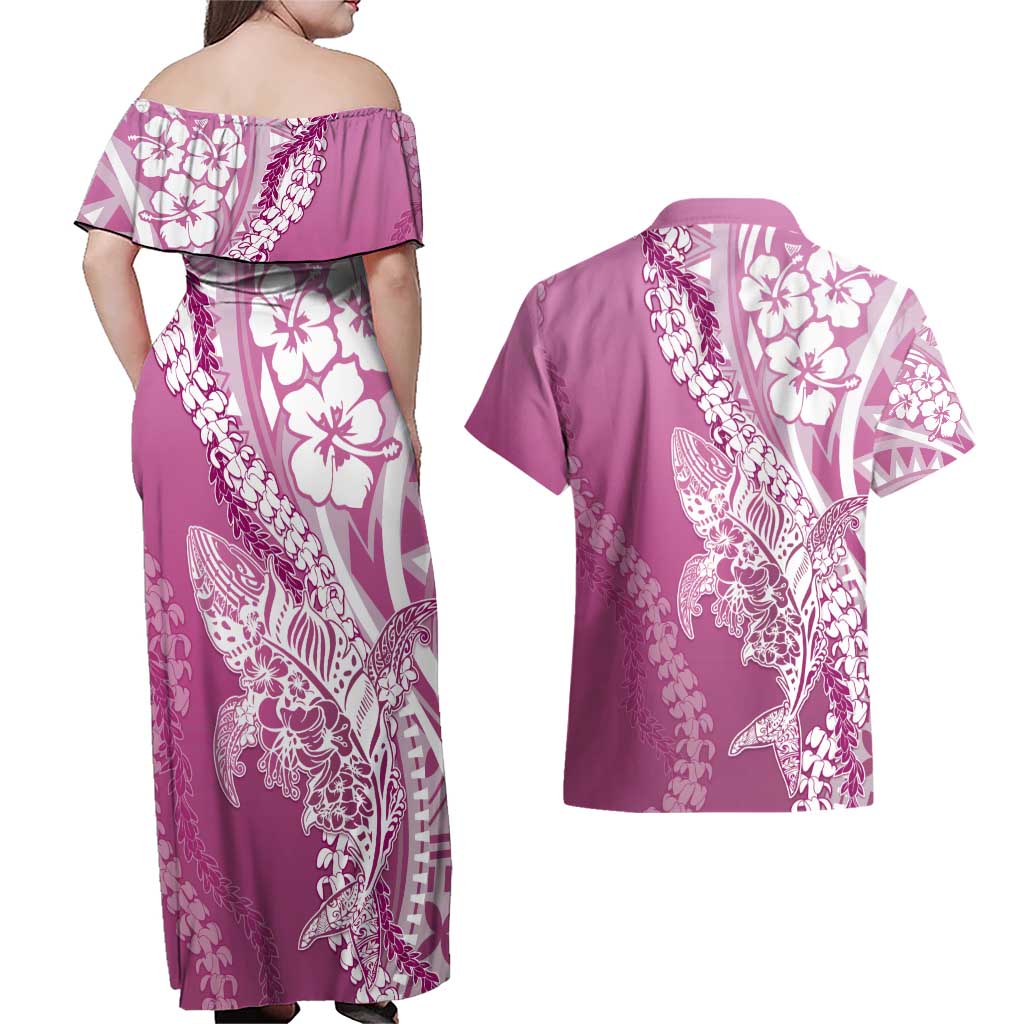 Hawaii Puakenikeni And Maile Lei Couples Matching Off Shoulder Maxi Dress and Hawaiian Shirt Pink Polynesian Shark Tattoo DT05 - Polynesian Pride