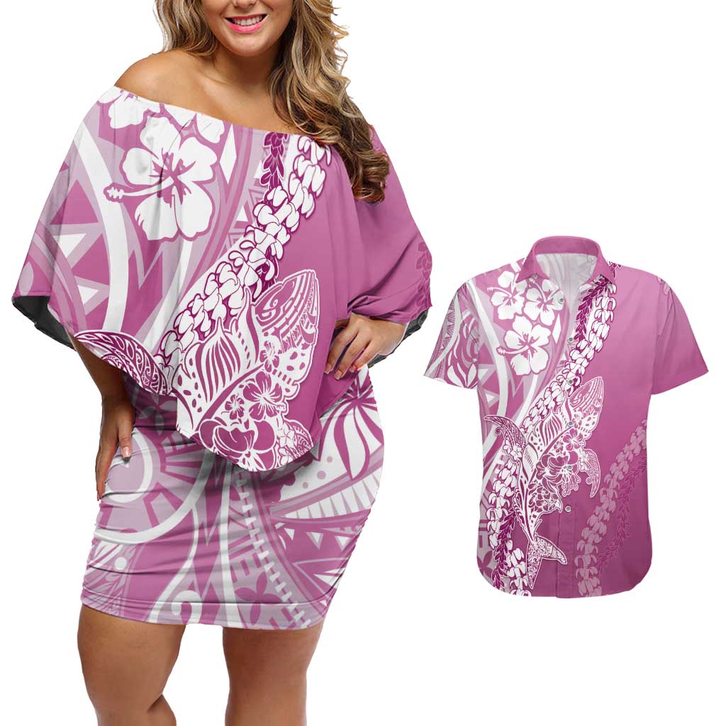 Hawaii Puakenikeni And Maile Lei Couples Matching Off Shoulder Short Dress and Hawaiian Shirt Pink Polynesian Shark Tattoo DT05 Pink - Polynesian Pride
