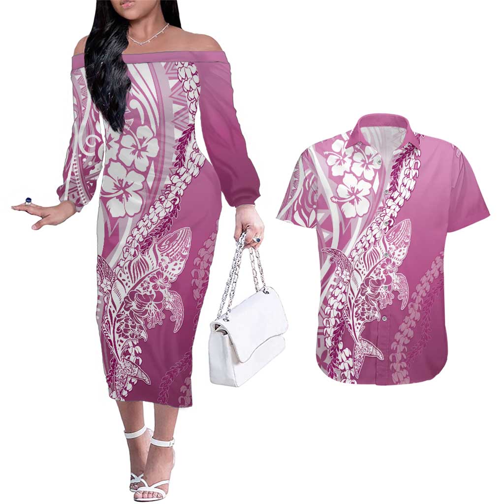 Hawaii Puakenikeni And Maile Lei Couples Matching Off The Shoulder Long Sleeve Dress and Hawaiian Shirt Pink Polynesian Shark Tattoo DT05 Pink - Polynesian Pride