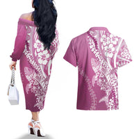 Hawaii Puakenikeni And Maile Lei Couples Matching Off The Shoulder Long Sleeve Dress and Hawaiian Shirt Pink Polynesian Shark Tattoo DT05 - Polynesian Pride