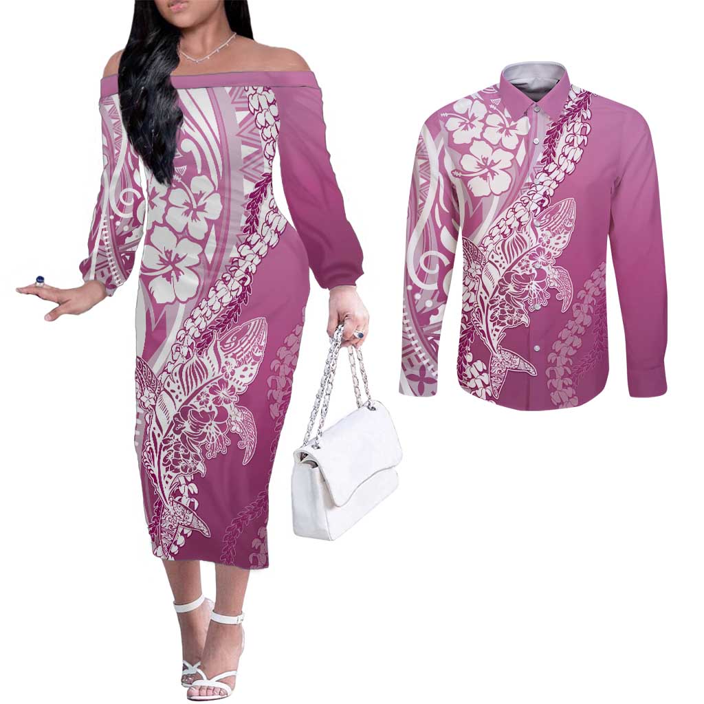 Hawaii Puakenikeni And Maile Lei Couples Matching Off The Shoulder Long Sleeve Dress and Long Sleeve Button Shirt Pink Polynesian Shark Tattoo DT05 Pink - Polynesian Pride