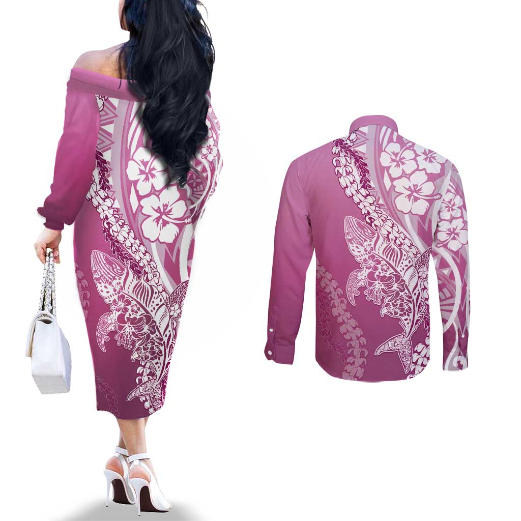 Hawaii Puakenikeni And Maile Lei Couples Matching Off The Shoulder Long Sleeve Dress and Long Sleeve Button Shirt Pink Polynesian Shark Tattoo DT05 - Polynesian Pride