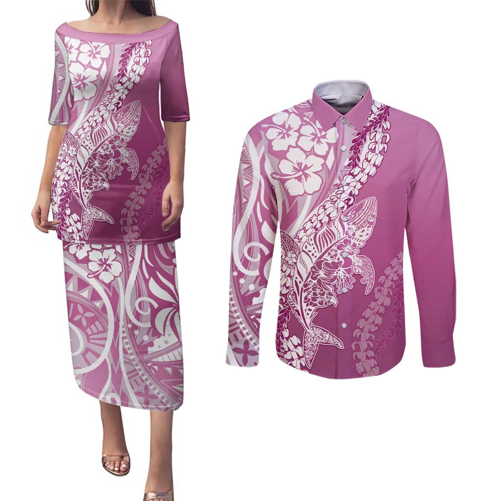 Hawaii Puakenikeni And Maile Lei Couples Matching Puletasi and Long Sleeve Button Shirt Pink Polynesian Shark Tattoo DT05 Pink - Polynesian Pride