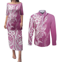 Hawaii Puakenikeni And Maile Lei Couples Matching Puletasi and Long Sleeve Button Shirt Pink Polynesian Shark Tattoo DT05 Pink - Polynesian Pride