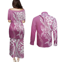Hawaii Puakenikeni And Maile Lei Couples Matching Puletasi and Long Sleeve Button Shirt Pink Polynesian Shark Tattoo DT05 - Polynesian Pride