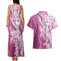 Hawaii Puakenikeni And Maile Lei Couples Matching Tank Maxi Dress and Hawaiian Shirt Pink Polynesian Shark Tattoo DT05 - Polynesian Pride