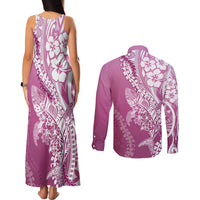 Hawaii Puakenikeni And Maile Lei Couples Matching Tank Maxi Dress and Long Sleeve Button Shirt Pink Polynesian Shark Tattoo DT05 - Polynesian Pride
