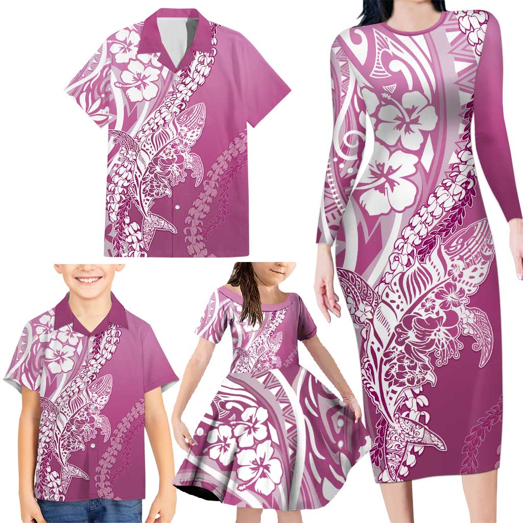 Hawaii Puakenikeni And Maile Lei Family Matching Long Sleeve Bodycon Dress and Hawaiian Shirt Pink Polynesian Shark Tattoo DT05 - Polynesian Pride