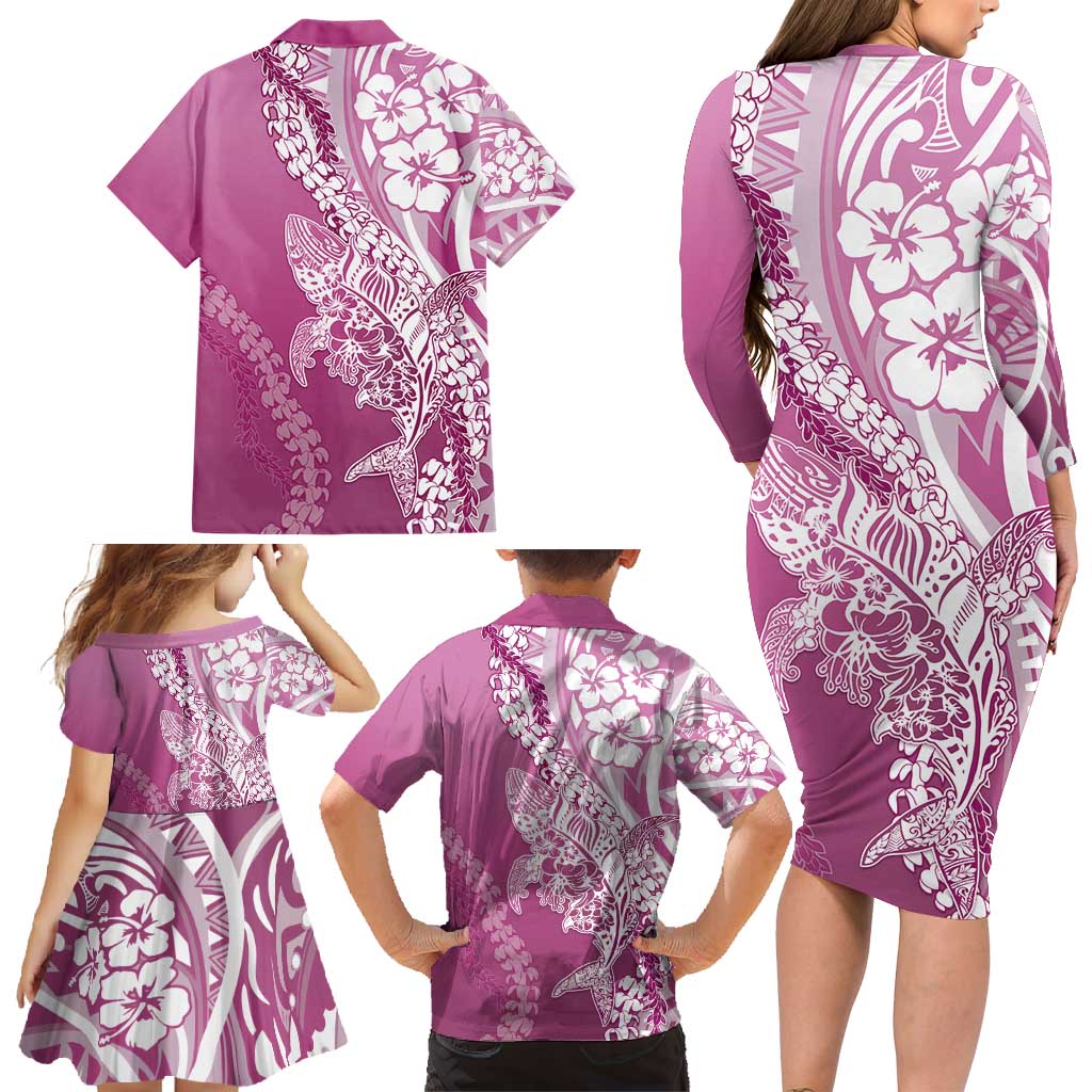 Hawaii Puakenikeni And Maile Lei Family Matching Long Sleeve Bodycon Dress and Hawaiian Shirt Pink Polynesian Shark Tattoo DT05 - Polynesian Pride