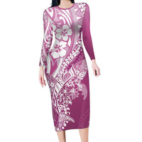 Hawaii Puakenikeni And Maile Lei Family Matching Long Sleeve Bodycon Dress and Hawaiian Shirt Pink Polynesian Shark Tattoo DT05 Mom's Dress Pink - Polynesian Pride
