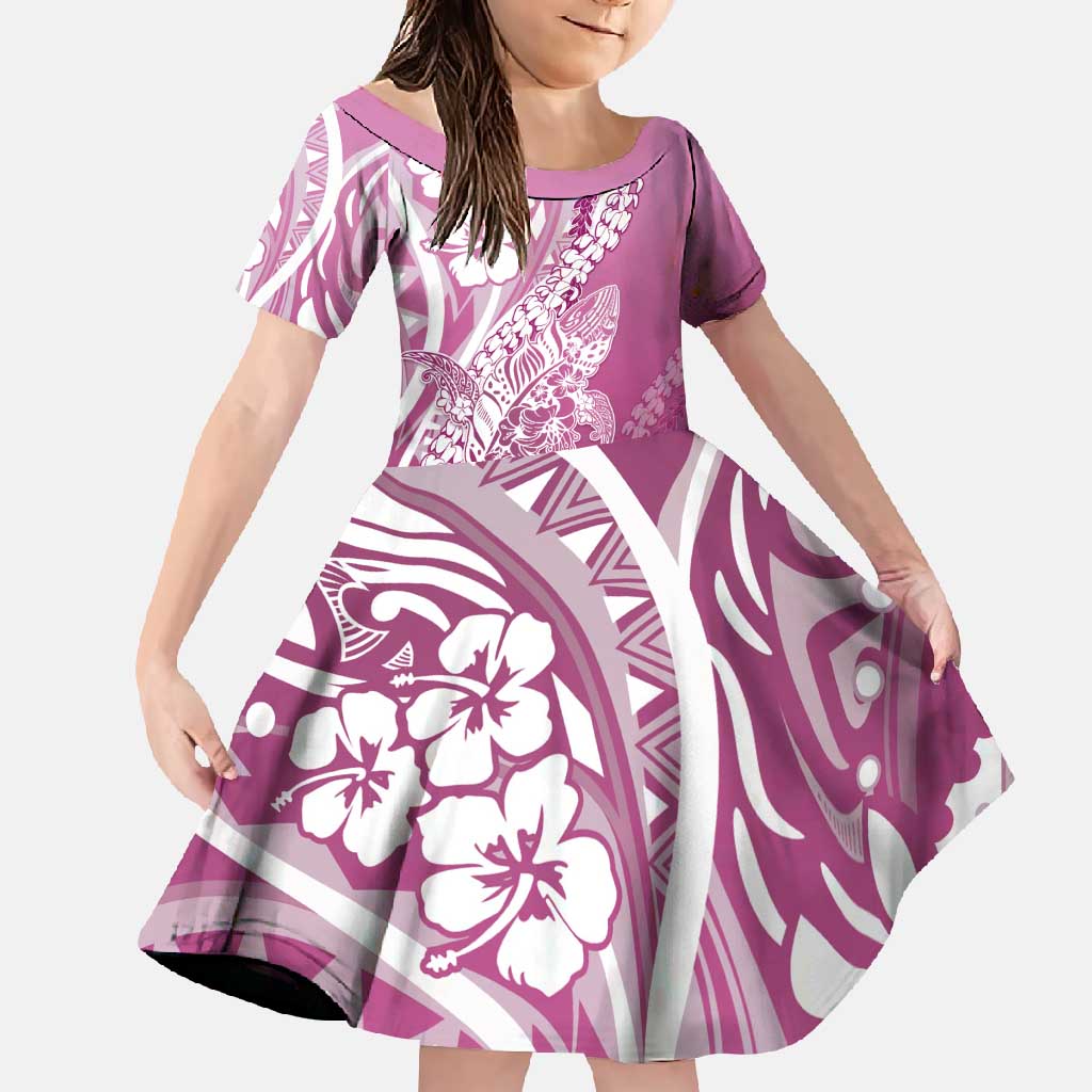 Hawaii Puakenikeni And Maile Lei Family Matching Mermaid Dress and Hawaiian Shirt Pink Polynesian Shark Tattoo DT05 Daughter's Dress Pink - Polynesian Pride