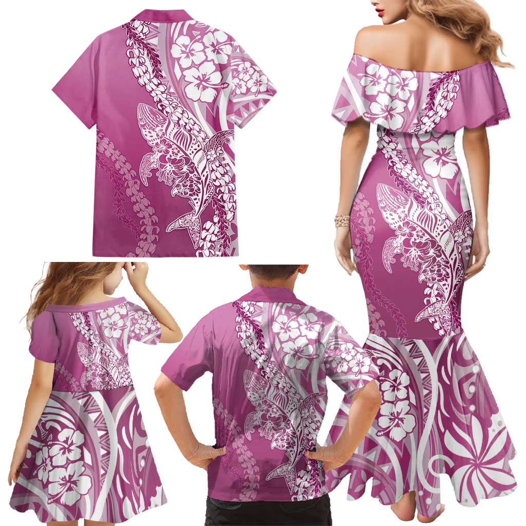Hawaii Puakenikeni And Maile Lei Family Matching Mermaid Dress and Hawaiian Shirt Pink Polynesian Shark Tattoo DT05 - Polynesian Pride