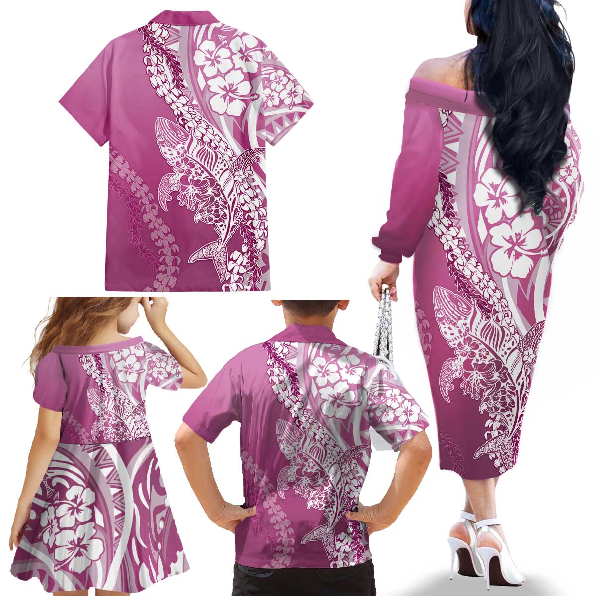 Hawaii Puakenikeni And Maile Lei Family Matching Off The Shoulder Long Sleeve Dress and Hawaiian Shirt Pink Polynesian Shark Tattoo DT05 - Polynesian Pride