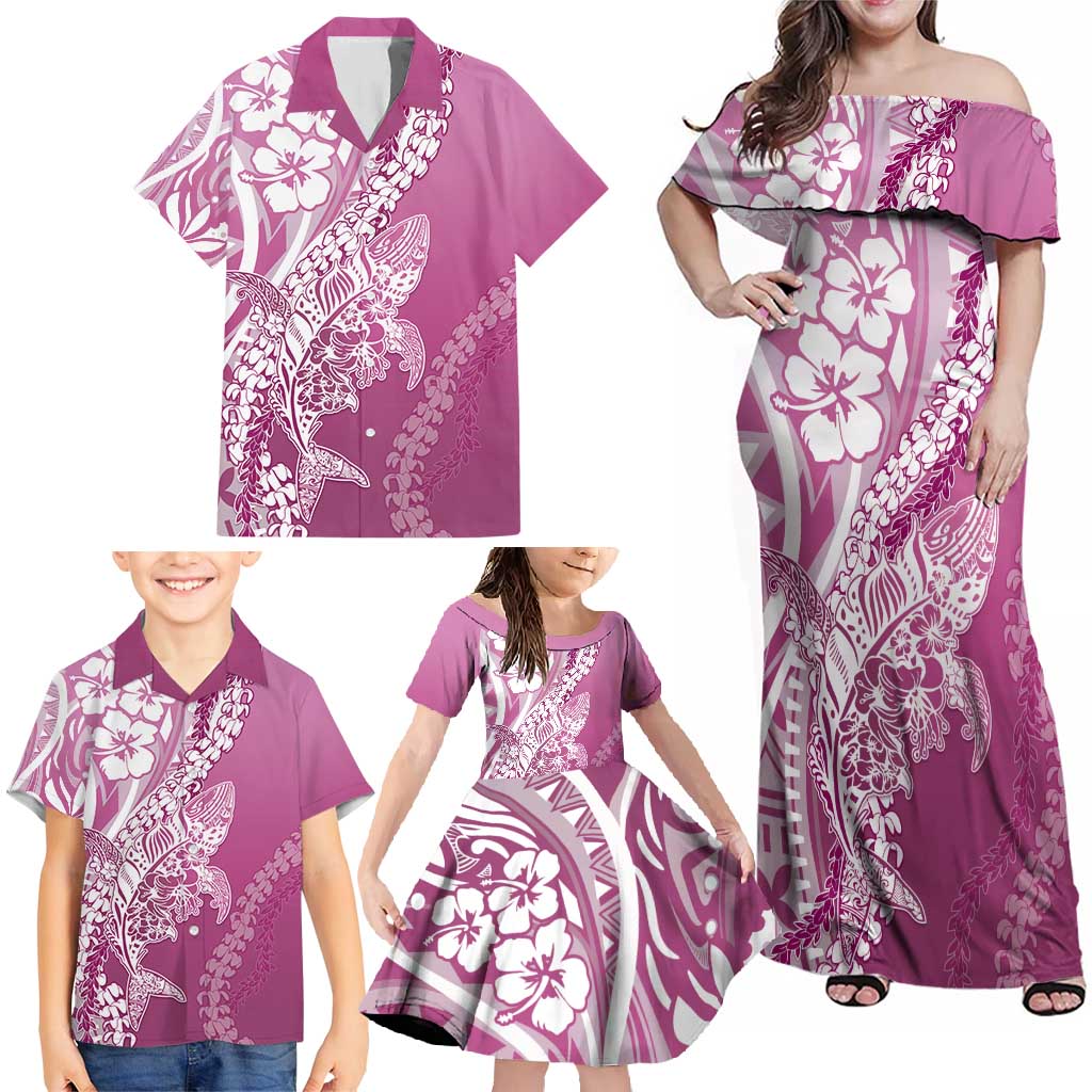 Hawaii Puakenikeni And Maile Lei Family Matching Off Shoulder Maxi Dress and Hawaiian Shirt Pink Polynesian Shark Tattoo DT05 - Polynesian Pride