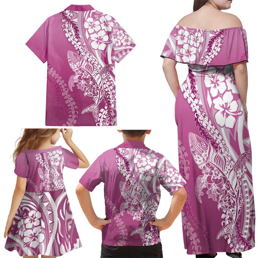 Hawaii Puakenikeni And Maile Lei Family Matching Off Shoulder Maxi Dress and Hawaiian Shirt Pink Polynesian Shark Tattoo DT05 - Polynesian Pride