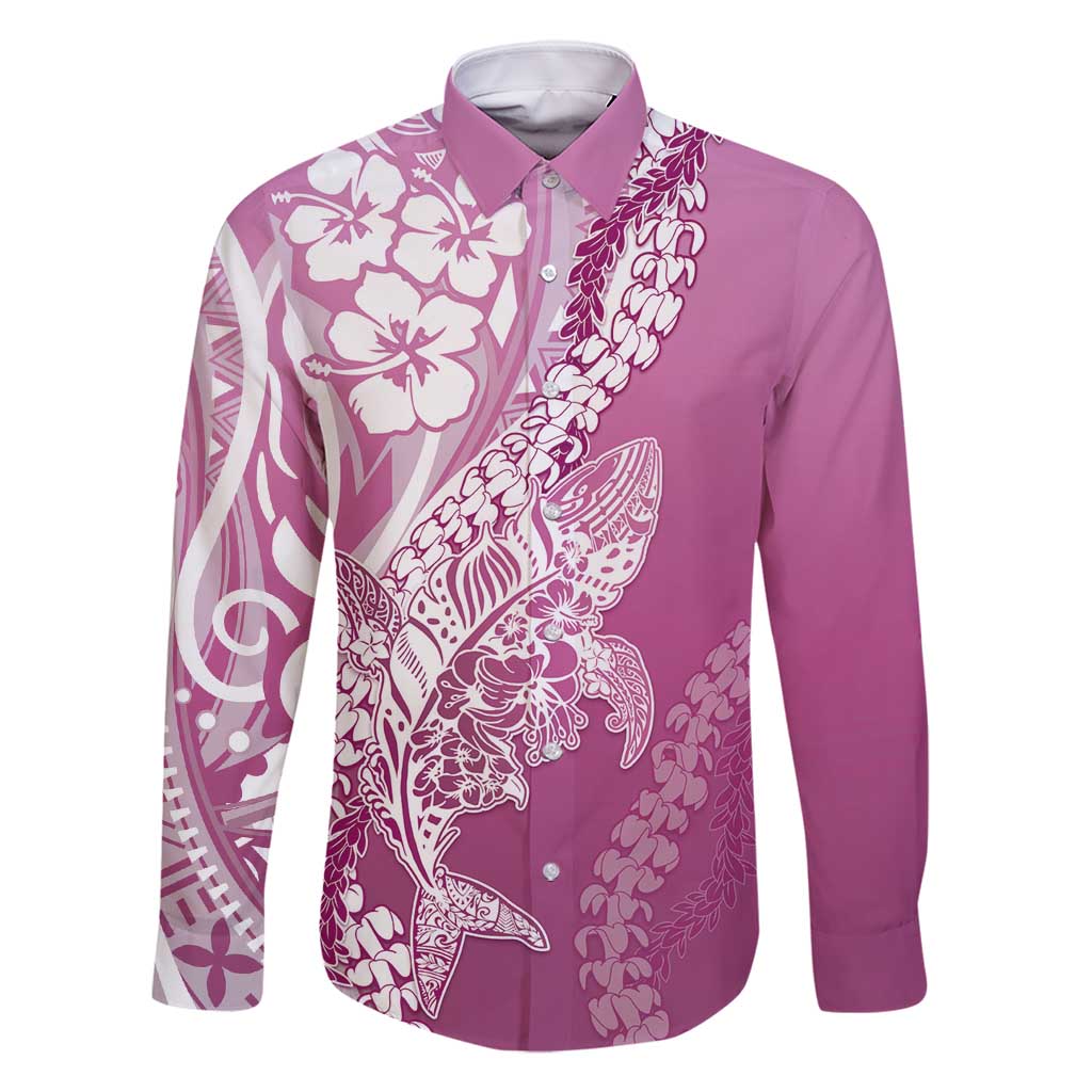 Hawaii Puakenikeni And Maile Lei Family Matching Off Shoulder Maxi Dress and Hawaiian Shirt Pink Polynesian Shark Tattoo DT05 Dad's Shirt - Long Sleeve Pink - Polynesian Pride