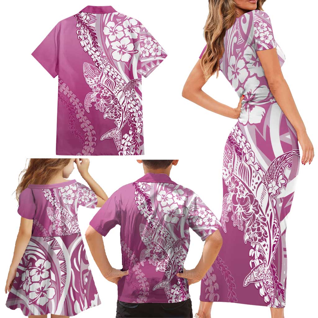 Hawaii Puakenikeni And Maile Lei Family Matching Short Sleeve Bodycon Dress and Hawaiian Shirt Pink Polynesian Shark Tattoo DT05 - Polynesian Pride