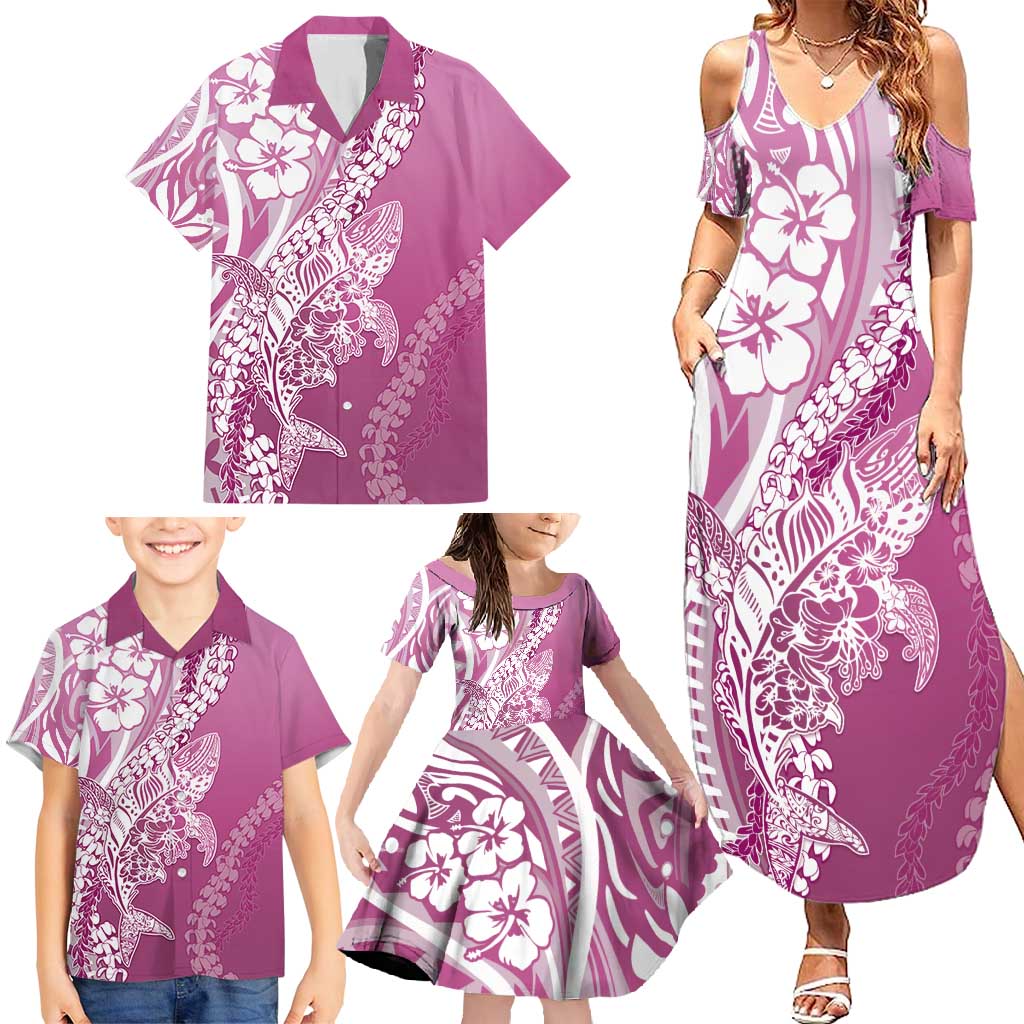 Hawaii Puakenikeni And Maile Lei Family Matching Summer Maxi Dress and Hawaiian Shirt Pink Polynesian Shark Tattoo DT05 - Polynesian Pride