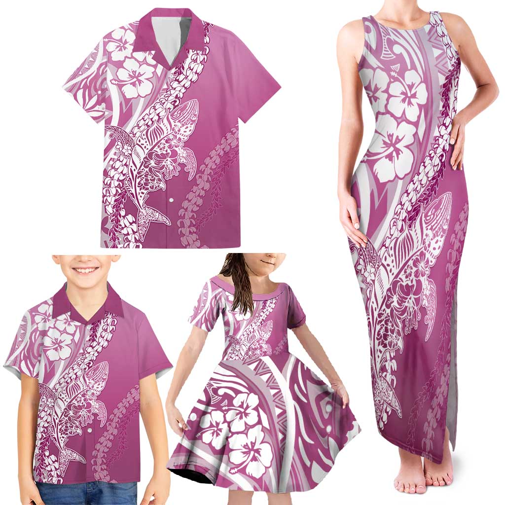 Hawaii Puakenikeni And Maile Lei Family Matching Tank Maxi Dress and Hawaiian Shirt Pink Polynesian Shark Tattoo DT05 - Polynesian Pride
