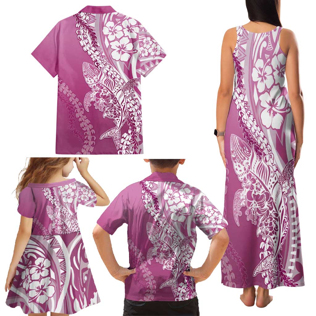 Hawaii Puakenikeni And Maile Lei Family Matching Tank Maxi Dress and Hawaiian Shirt Pink Polynesian Shark Tattoo DT05 - Polynesian Pride