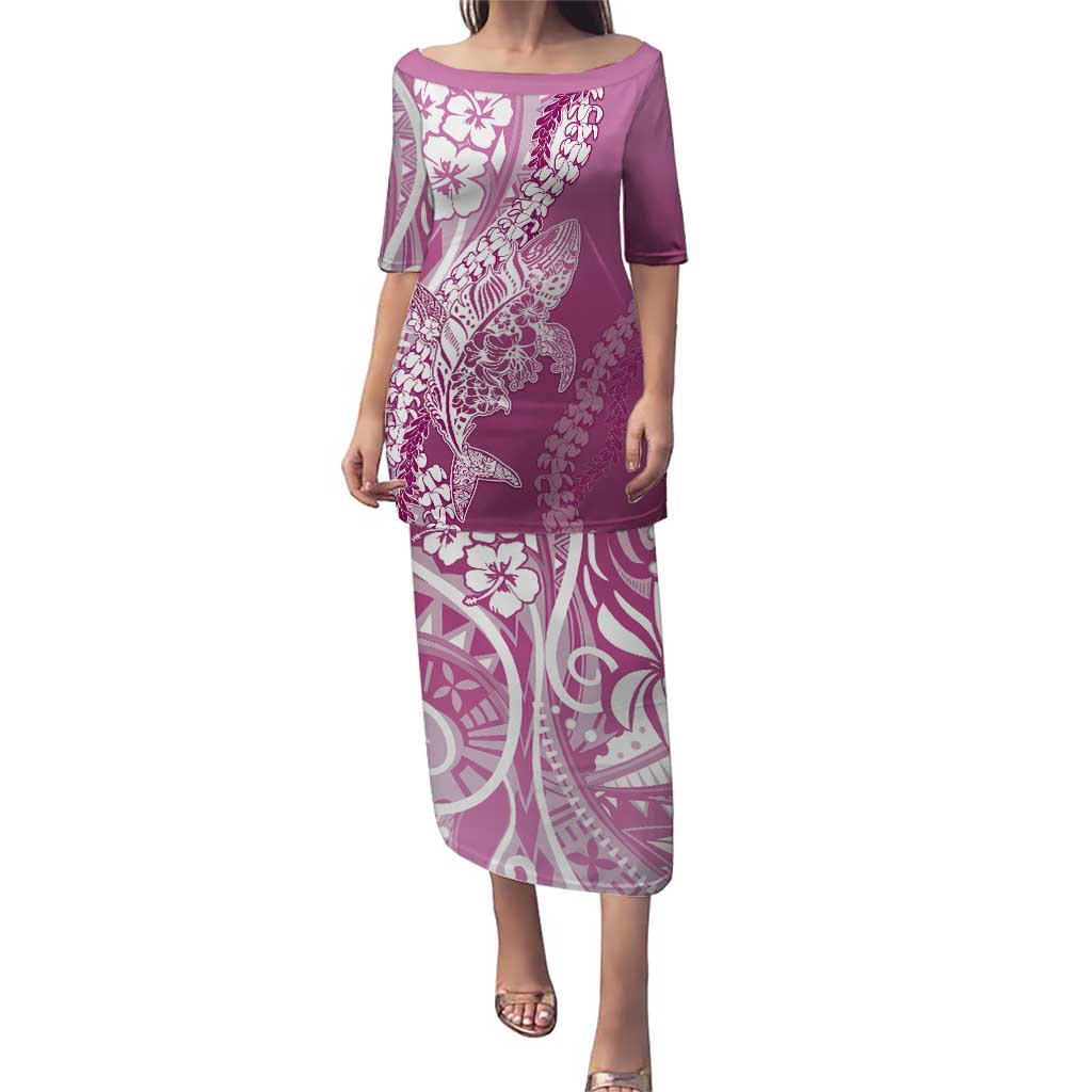 Hawaii Puakenikeni And Maile Lei Puletasi Pink Polynesian Shark Tattoo DT05 Long Dress Pink - Polynesian Pride