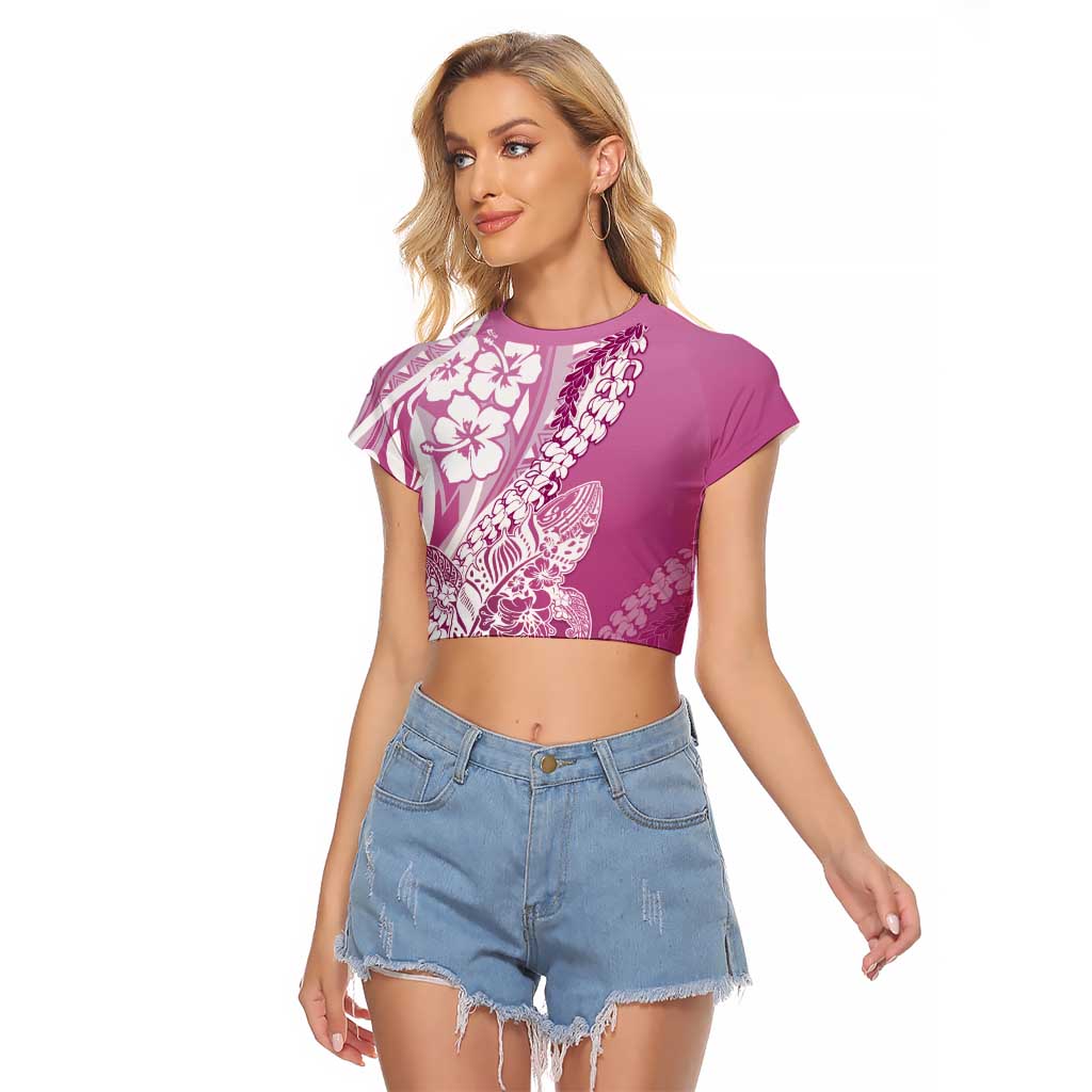 Hawaii Puakenikeni And Maile Lei Raglan Cropped T Shirt Pink Polynesian Shark Tattoo DT05