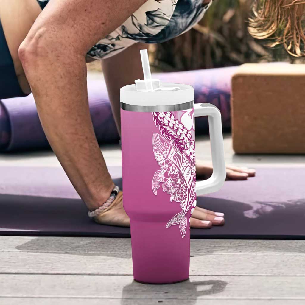Hawaii Puakenikeni And Maile Lei Tumbler With Handle Pink Polynesian Shark Tattoo DT05