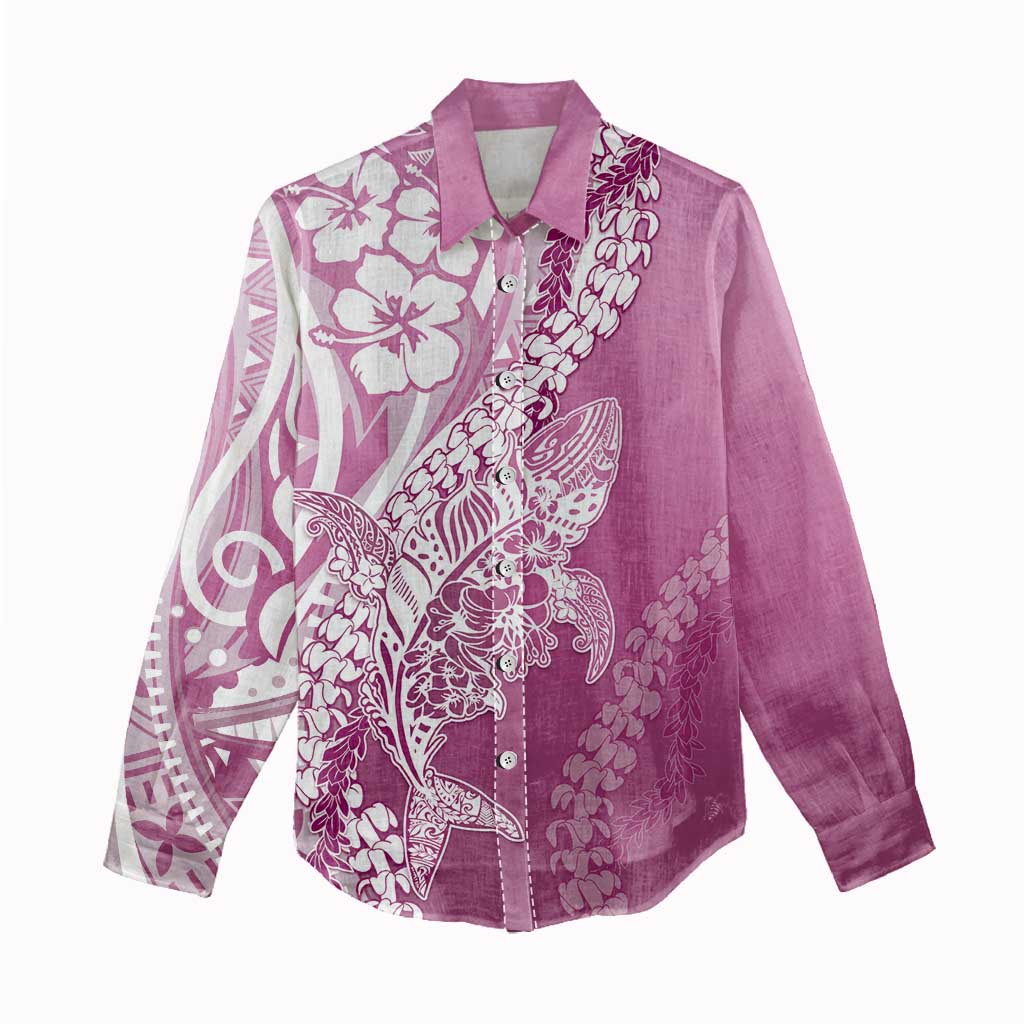 Hawaii Puakenikeni And Maile Lei Women Casual Shirt Pink Polynesian Shark Tattoo DT05