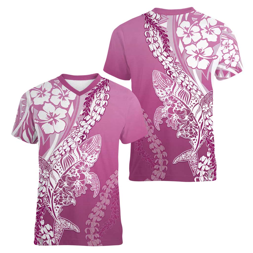 Hawaii Puakenikeni And Maile Lei Women V-Neck T-Shirt Pink Polynesian Shark Tattoo DT05