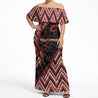 Custom Aotearoa Atua Tumatauenga Off Shoulder Maxi Dress God Of War Koru Patterns DT05 Women Red - Polynesian Pride