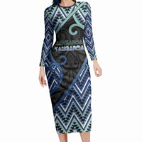 Custom Aotearoa Atua Tangaroa Long Sleeve Bodycon Dress God Of Ocean Koru Patterns DT05 Long Dress Navy - Polynesian Pride