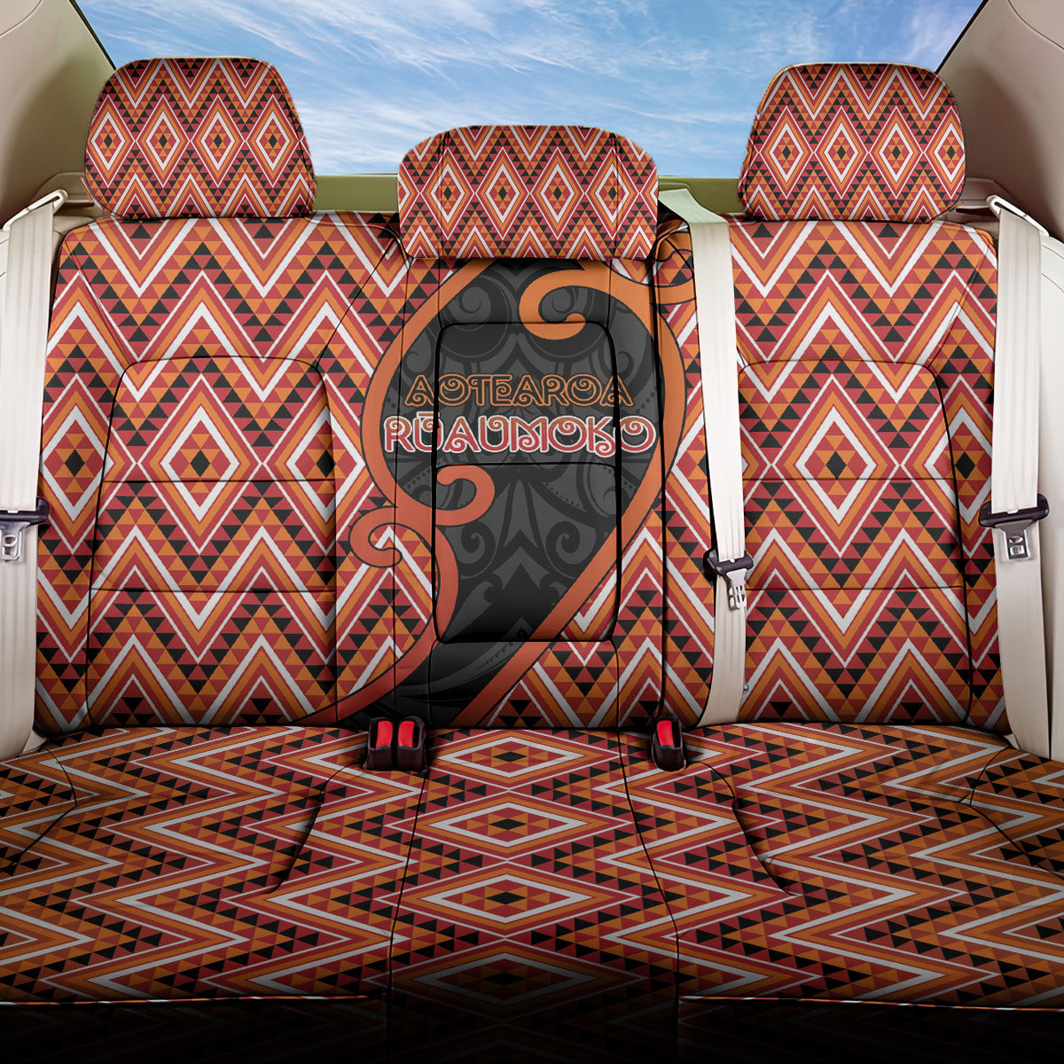 Aotearoa Atua Ruaumoko Back Car Seat Cover God Of Volcanoes Koru Patterns DT05 One Size Orange - Polynesian Pride