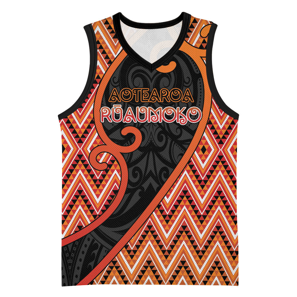Custom Aotearoa Atua Ruaumoko Basketball Jersey God Of Volcanoes Koru Patterns DT05 Unisex Orange - Polynesian Pride