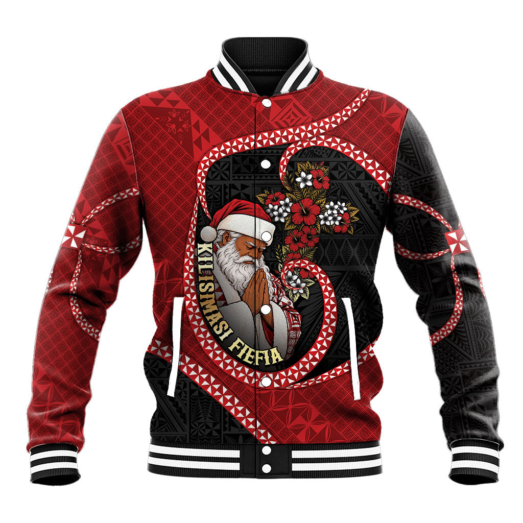 Personalised Tonga Kilisimasi Fiefia Baseball Jacket Praying Santa Hibiscus Cross DT05 Unisex Red - Polynesian Pride