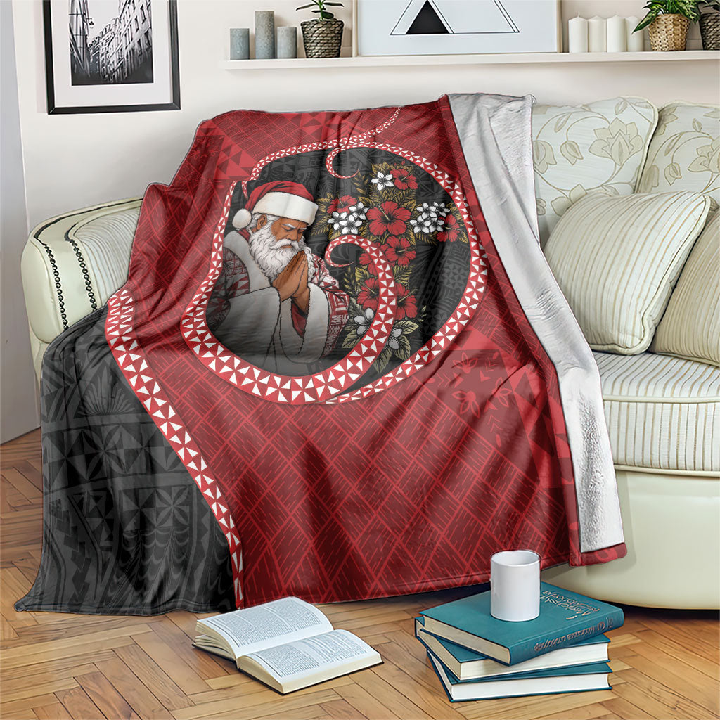 Tonga Kilisimasi Fiefia Blanket Praying Santa Hibiscus Cross DT05 Red - Polynesian Pride