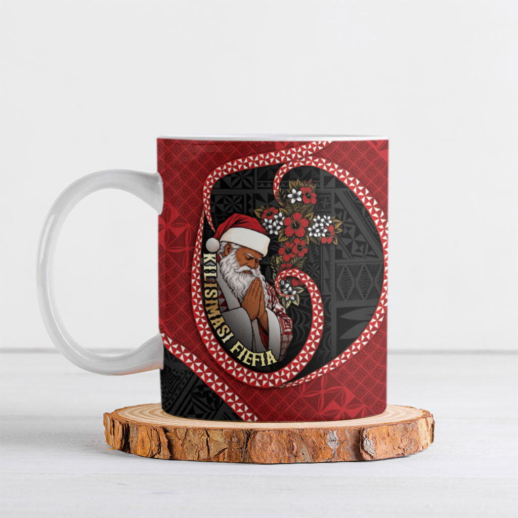 Personalised Tonga Kilisimasi Fiefia Ceramic Mug Praying Santa Hibiscus Cross DT05 Red - Polynesian Pride