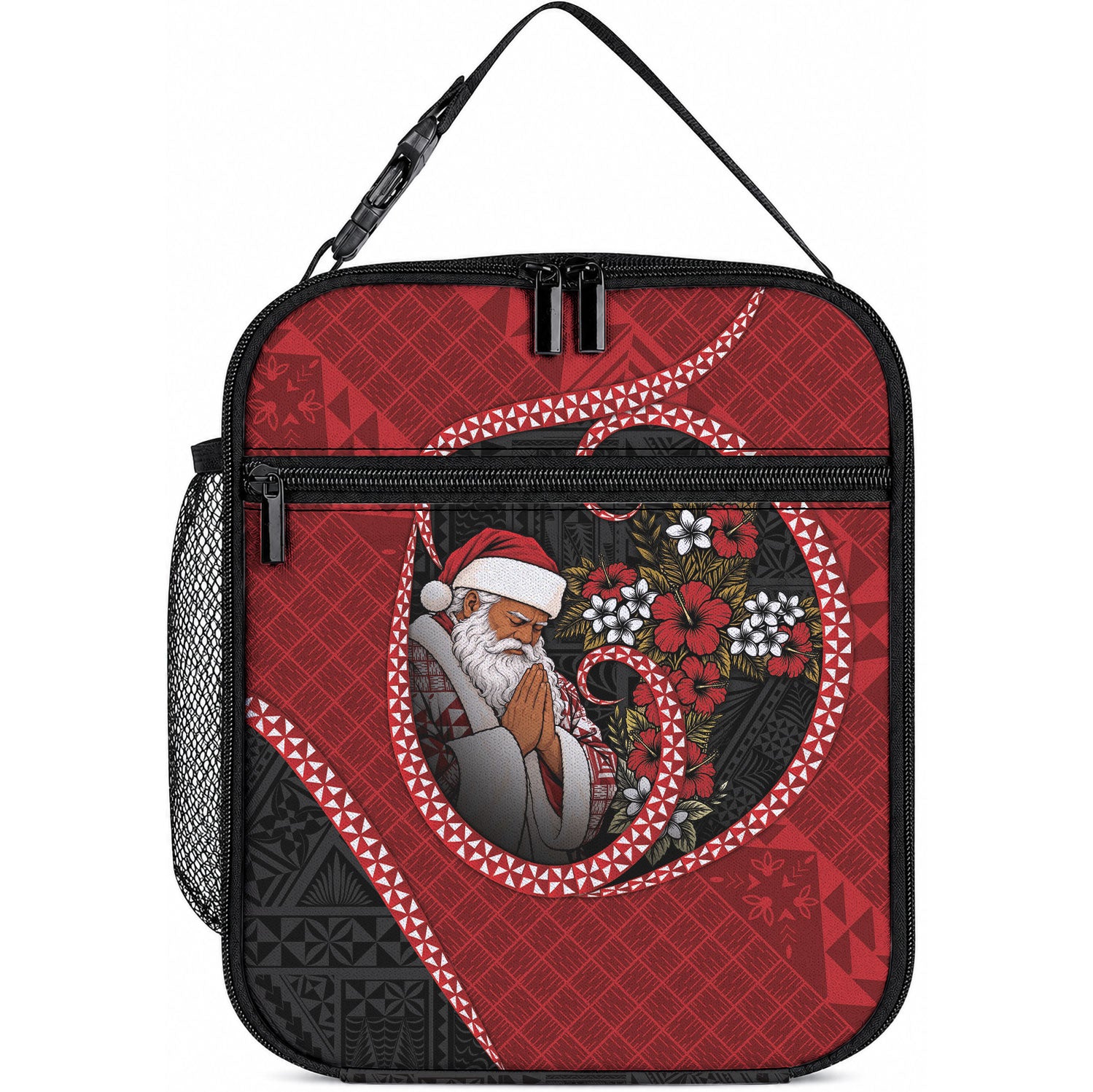 Tonga Kilisimasi Fiefia Lunch Bag Praying Santa Hibiscus Cross DT05 10.2 × 8.3 × 4.3 inch Red - Polynesian Pride