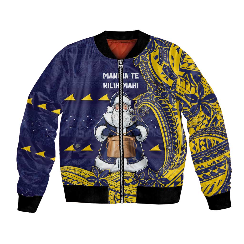 Tokelau Christmas Bomber Jacket Santa With Tuluma Xmas Tribal Waves DT05 Unisex Navy - Polynesian Pride