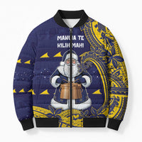 Tokelau Christmas Bomber Puffer Jacket Santa With Tuluma Xmas Tribal Waves DT05 Unisex Navy - Polynesian Pride