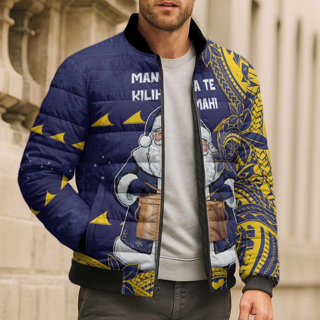 Tokelau Christmas Bomber Puffer Jacket Santa With Tuluma Xmas Tribal Waves DT05 - Polynesian Pride