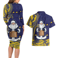 Tokelau Christmas Couples Matching Long Sleeve Bodycon Dress and Hawaiian Shirt Santa With Tuluma Xmas Tribal Waves DT05 - Polynesian Pride