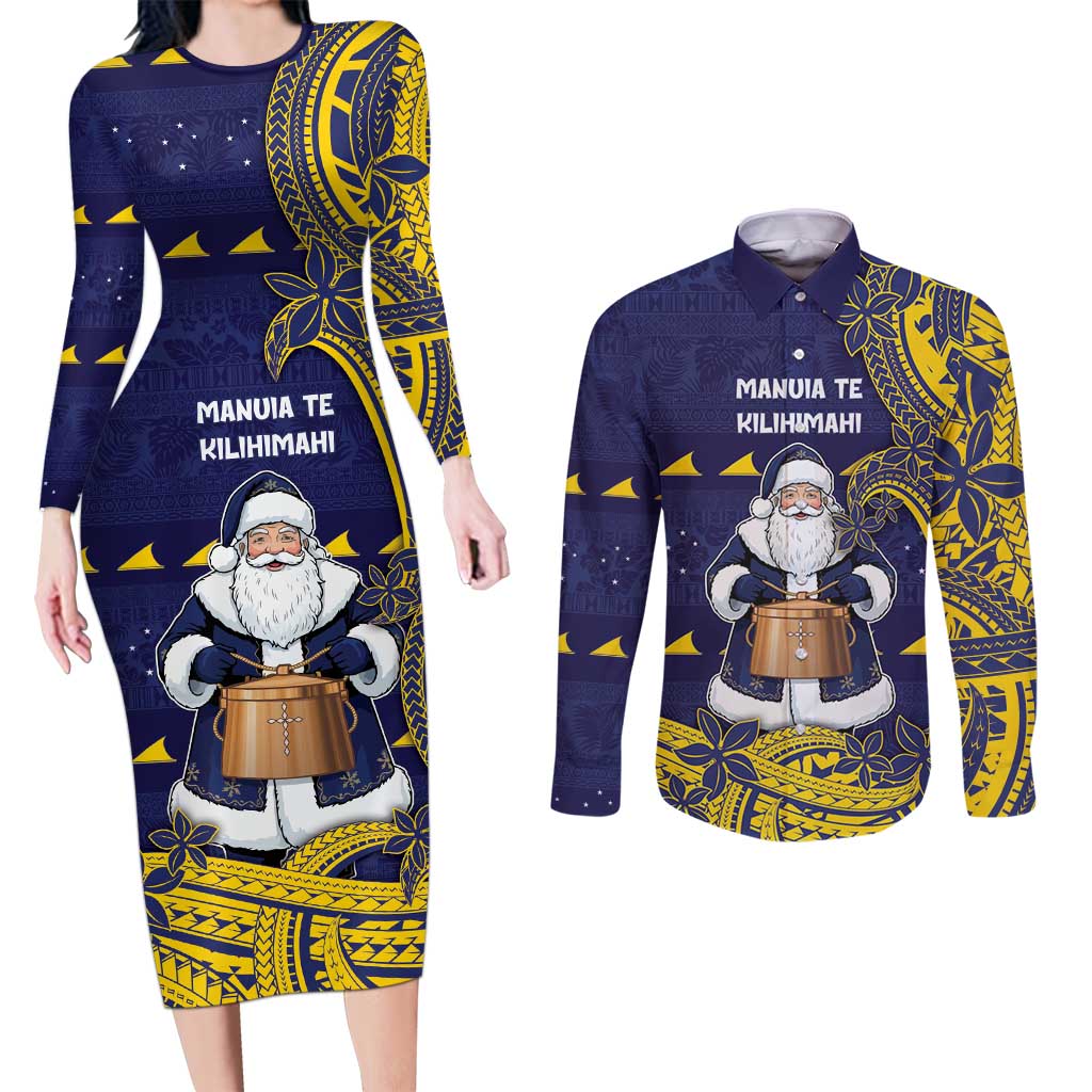 Tokelau Christmas Couples Matching Long Sleeve Bodycon Dress and Long Sleeve Button Shirt Santa With Tuluma Xmas Tribal Waves DT05 Navy - Polynesian Pride