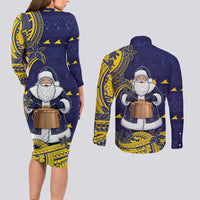 Tokelau Christmas Couples Matching Long Sleeve Bodycon Dress and Long Sleeve Button Shirt Santa With Tuluma Xmas Tribal Waves DT05 - Polynesian Pride